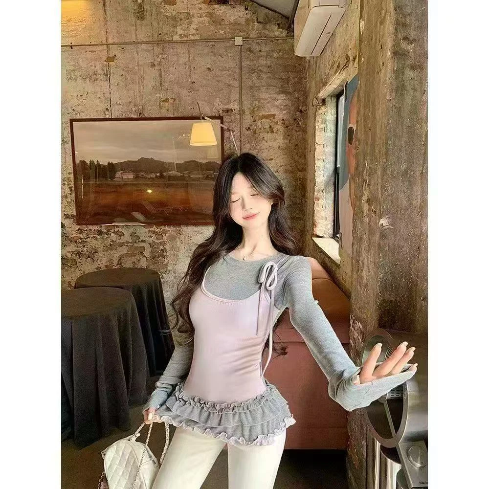 巧克少女 辣妹风撞色假两件长袖T恤女装春季修身百搭别致花边上衣