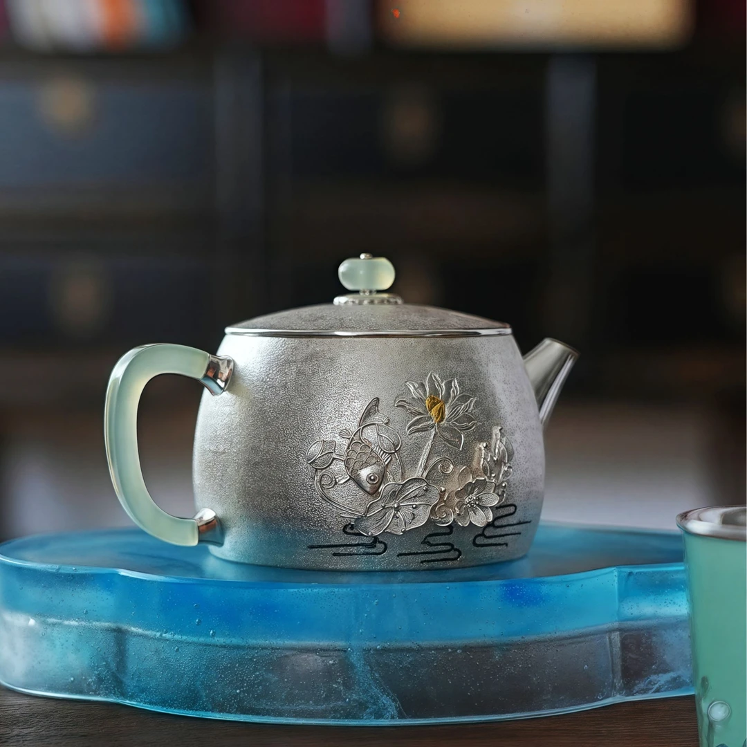 霸王纯手工足银999錾刻复古泡茶壶鱼戏莲汉瓦家用大容量泡茶壶