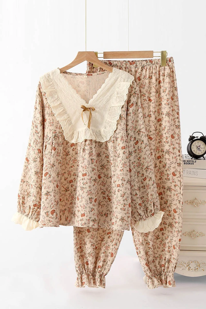 复古玫瑰花园专柜泡泡纱皱纱棉纯棉长袖长裤套装宽松透气春秋款