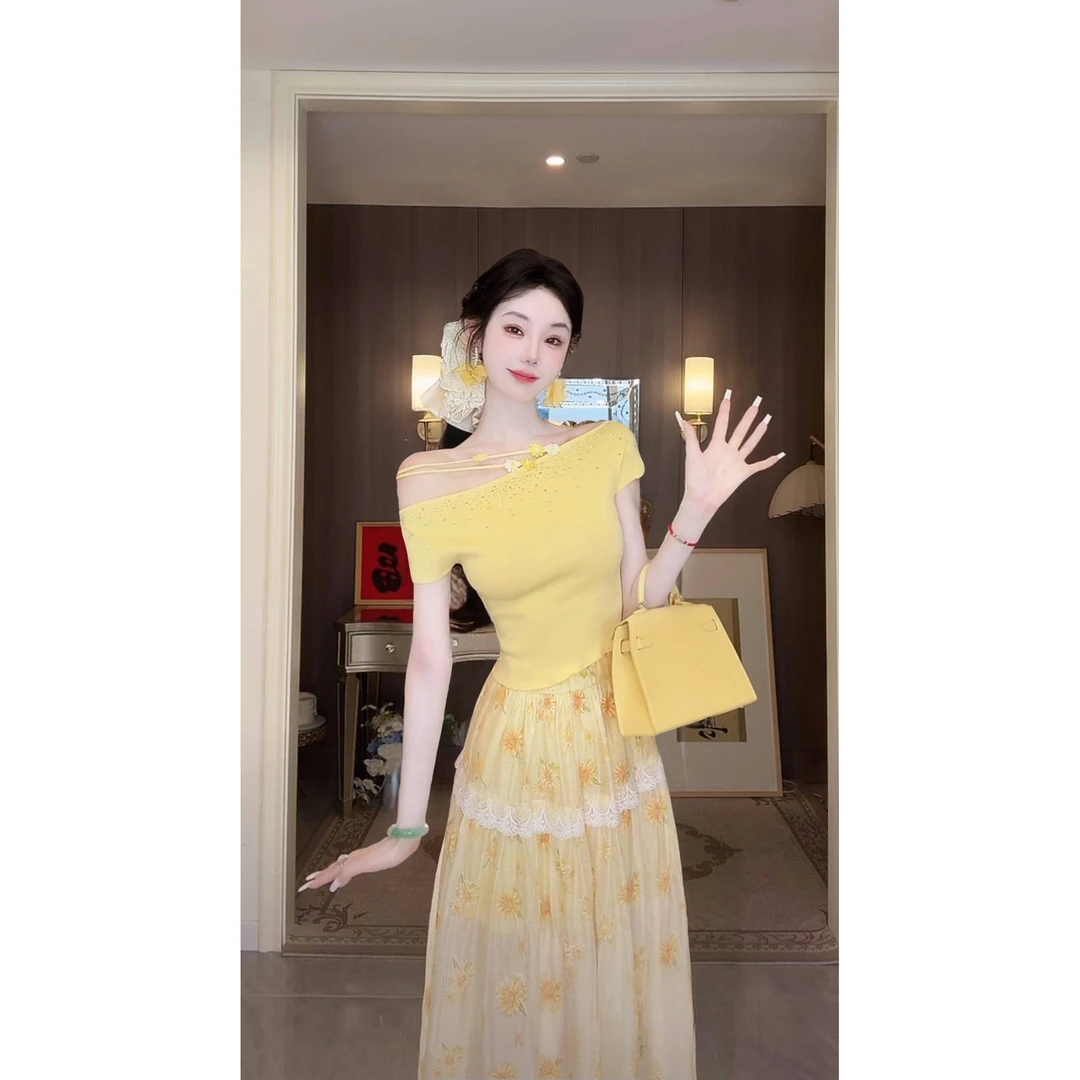 【雅乔定制】全糖去冰上衣 夏日雏菊黄色针织短袖T恤DYTH-25053806