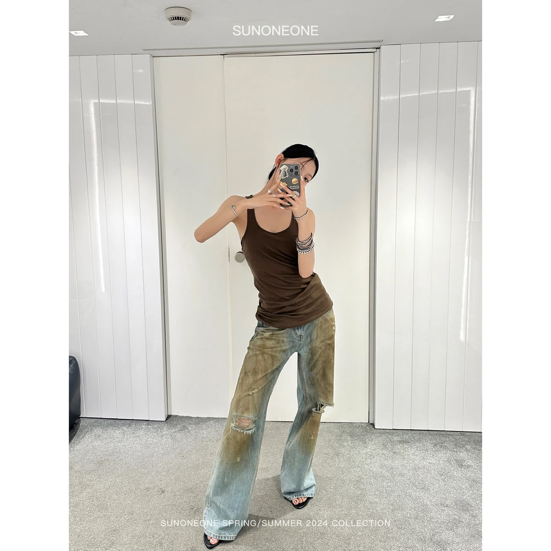 SUNONEONE 醋酸轻薄吊带背心女夏纯色直筒宽松薄款上衣H0339D