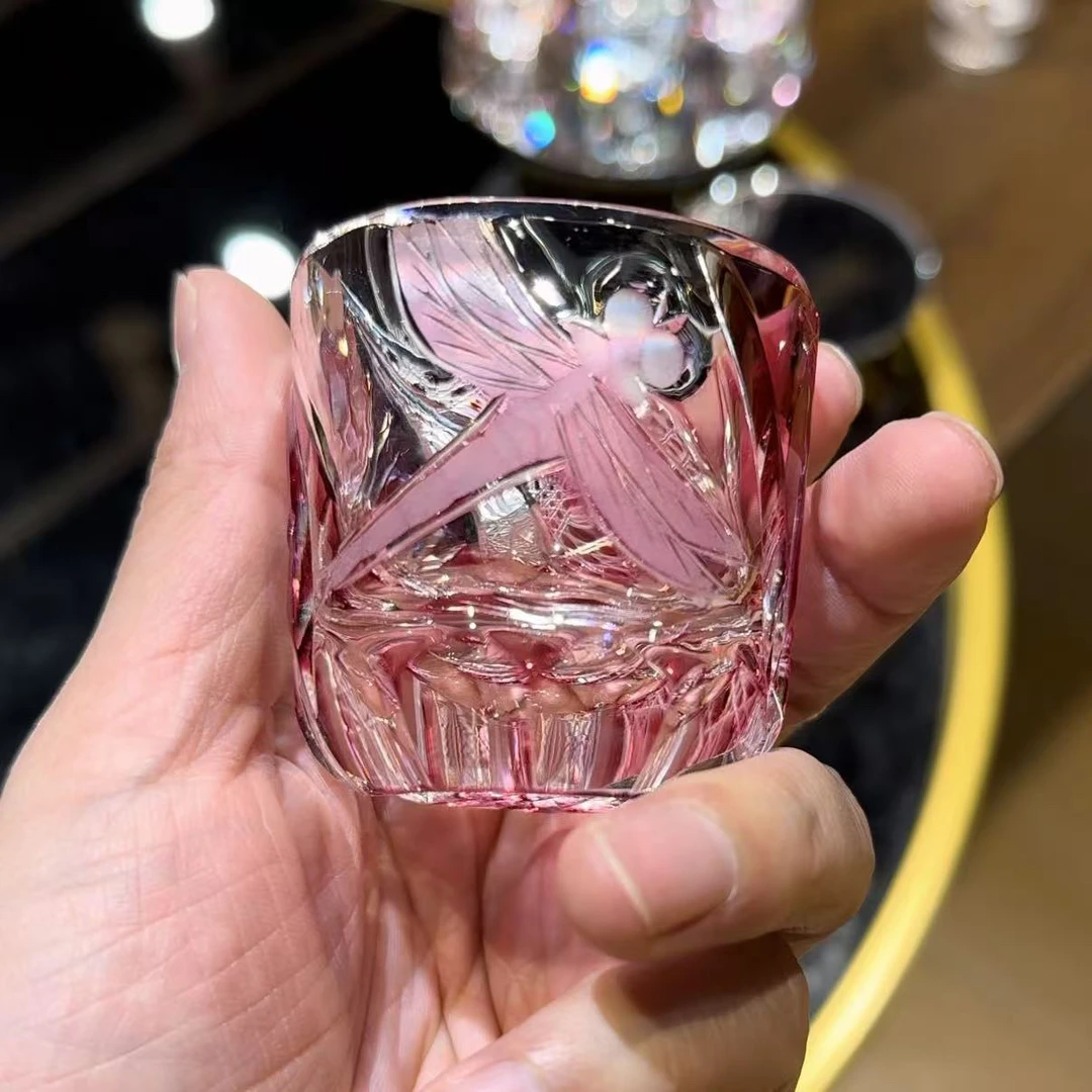 限量 高端系列金红色蜻蜓江户切子工艺手工雕刻日式清酒杯白酒杯
