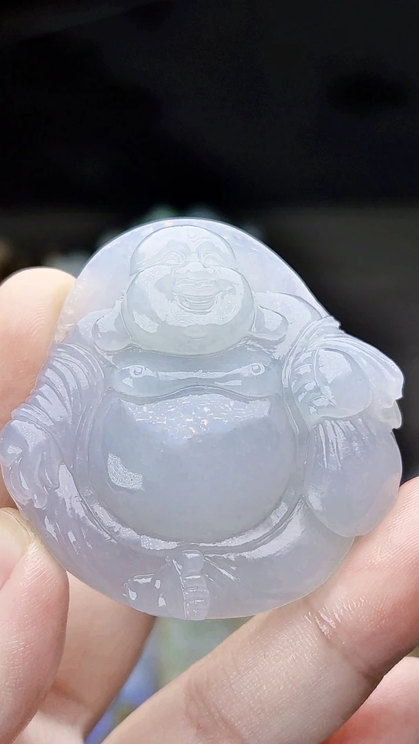 天然缅甸翡翠白冰胶厚装布袋弥勒佛毛货买断抛光尺寸51x50x14
