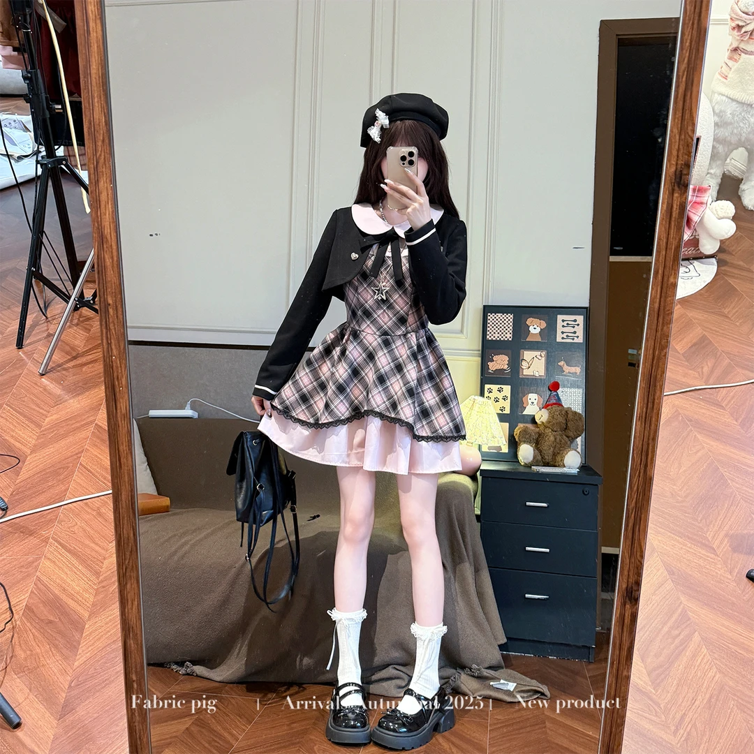 黑甜粉阁 织物猪原创 甜美风出游娃娃领连衣裙女初秋小个子女装