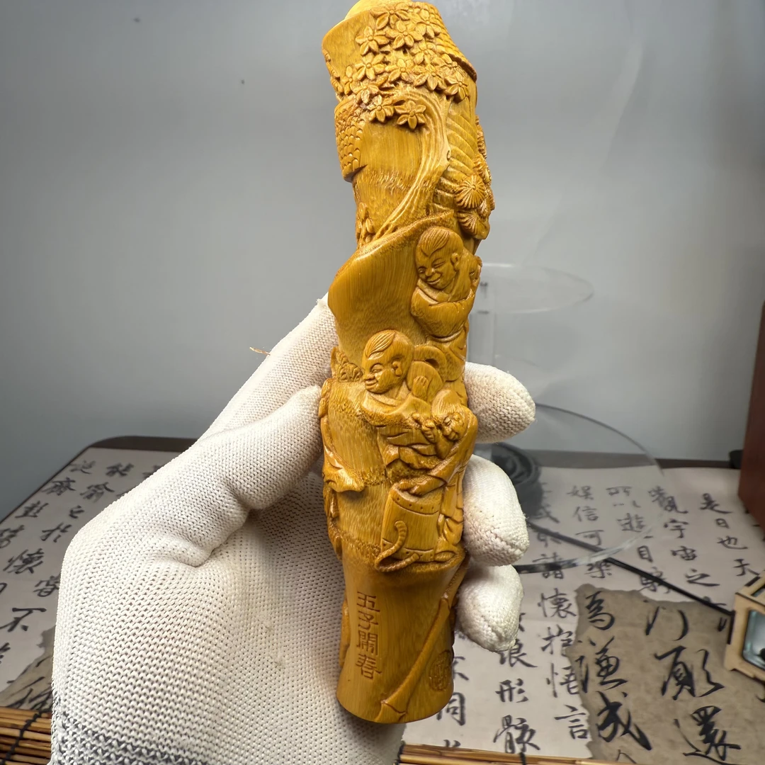 （五子闹春）纯手工雕刻实心玉竹手把件竹雕文玩收藏竹子竹制品竹根