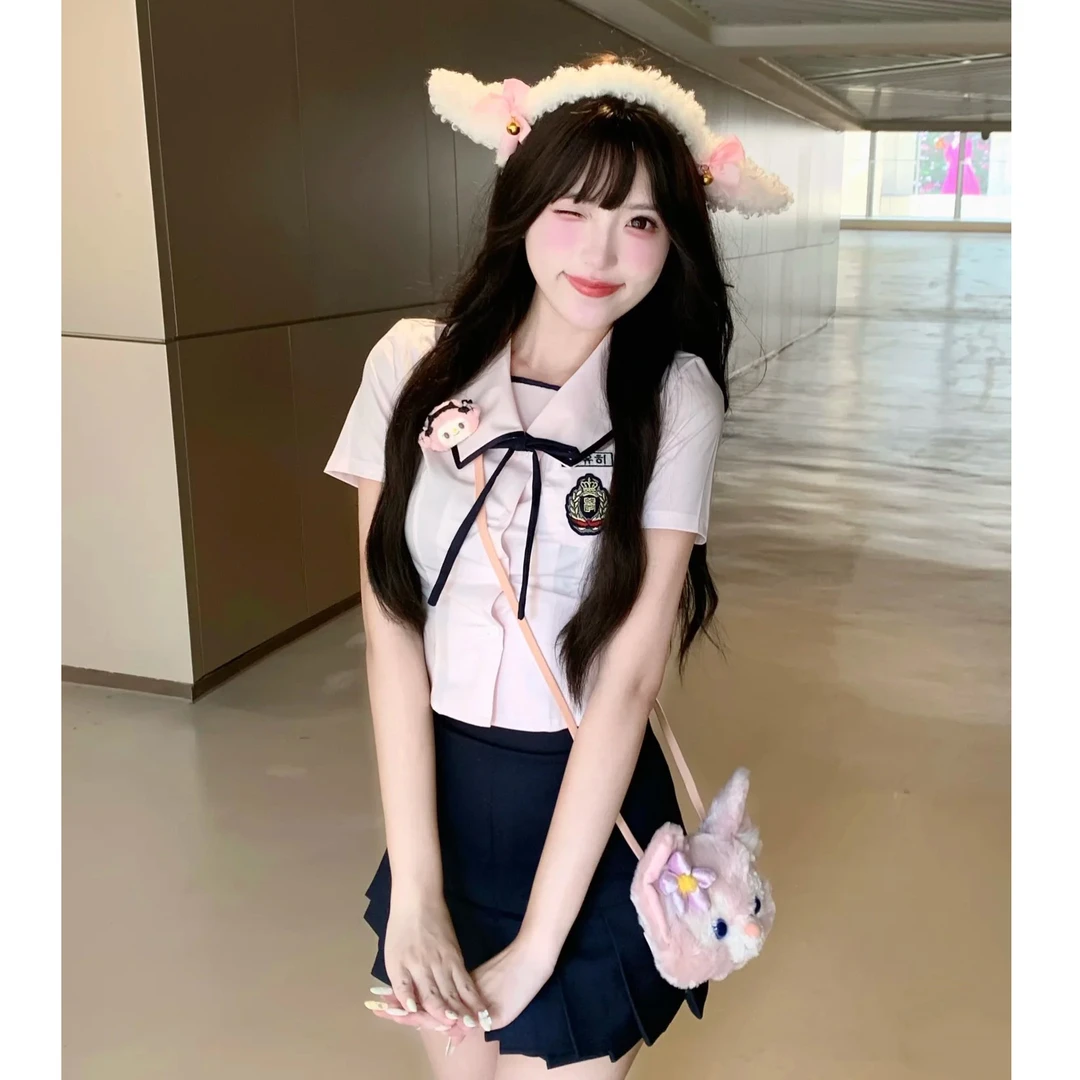 多莉别再惹我韩系女团风制服夏季小个子显高粉色衬衫百褶裙套装女