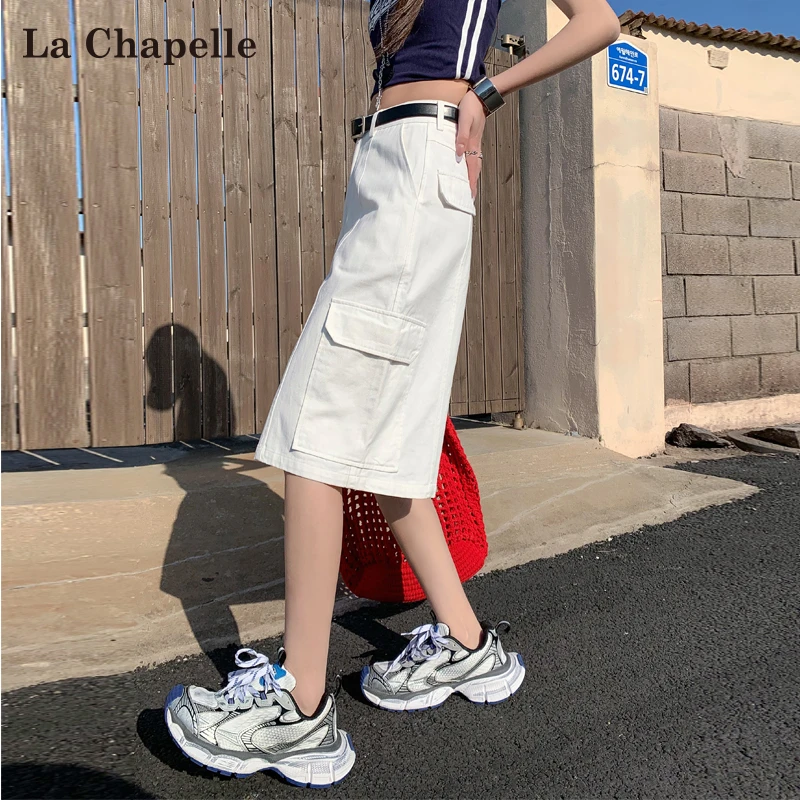 拉夏贝尔白色工装牛仔短裤女夏季2025新款小个子高腰a字七分中裤