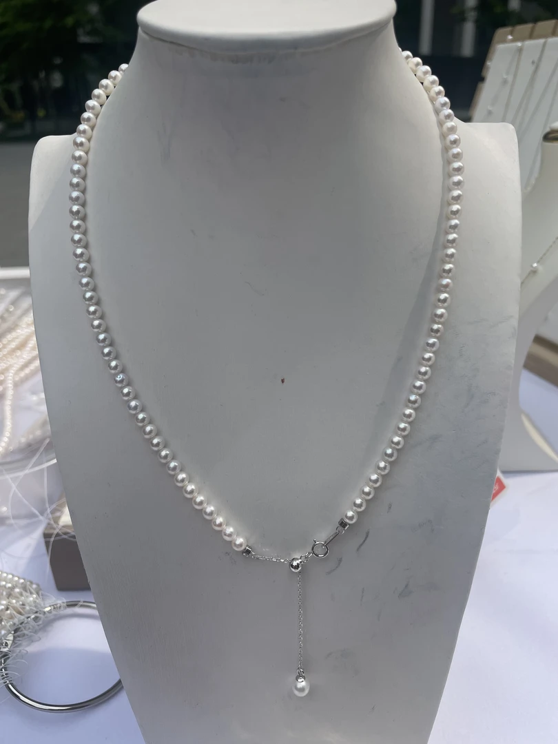 3-4mm天然淡水珍珠项链s925银镶嵌时尚百搭经典气质抽拉尾链
