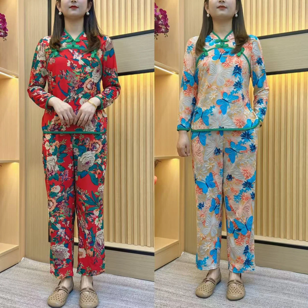 燕敏家 早春秋新款复古中式风长袖民族风两件套妈妈装套装