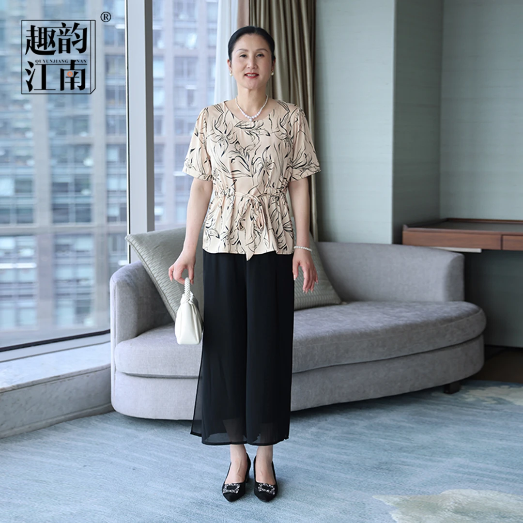 妈妈装夏季圆领印花抽绳显瘦上衣中老年女短袖小衫两件套