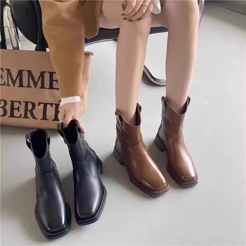 （加绒）复古西部牛仔靴冬季时尚气质方头套筒V口低跟短靴 23528-2