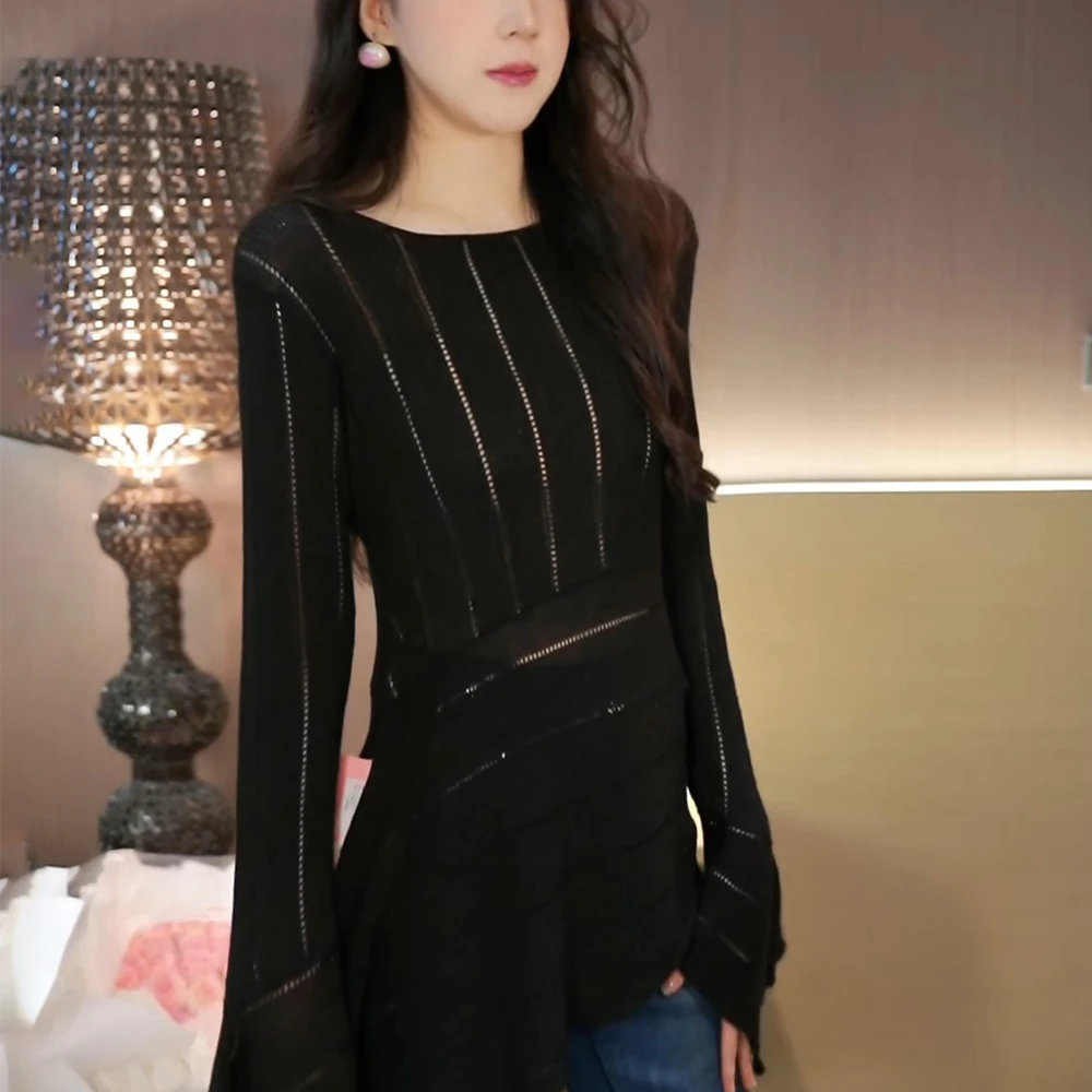 秋季新款女黑色中长款针织衫高级感修身显瘦不规则下摆内搭上衣