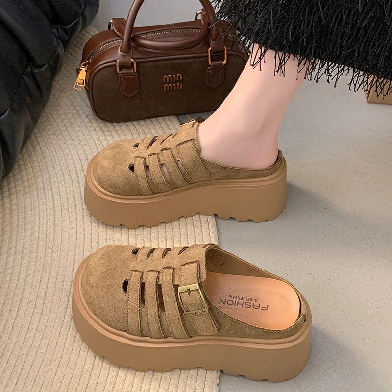 厚底包头半拖鞋女外穿2025春季新款百搭松糕懒人一脚蹬增高勃肯鞋