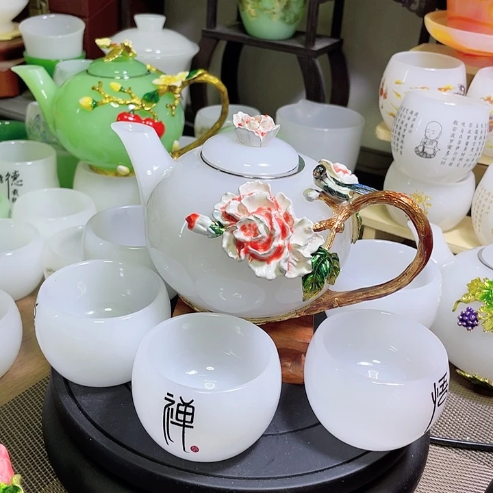 琉璃中式珐琅彩花开富贵一壶六杯礼盒套装