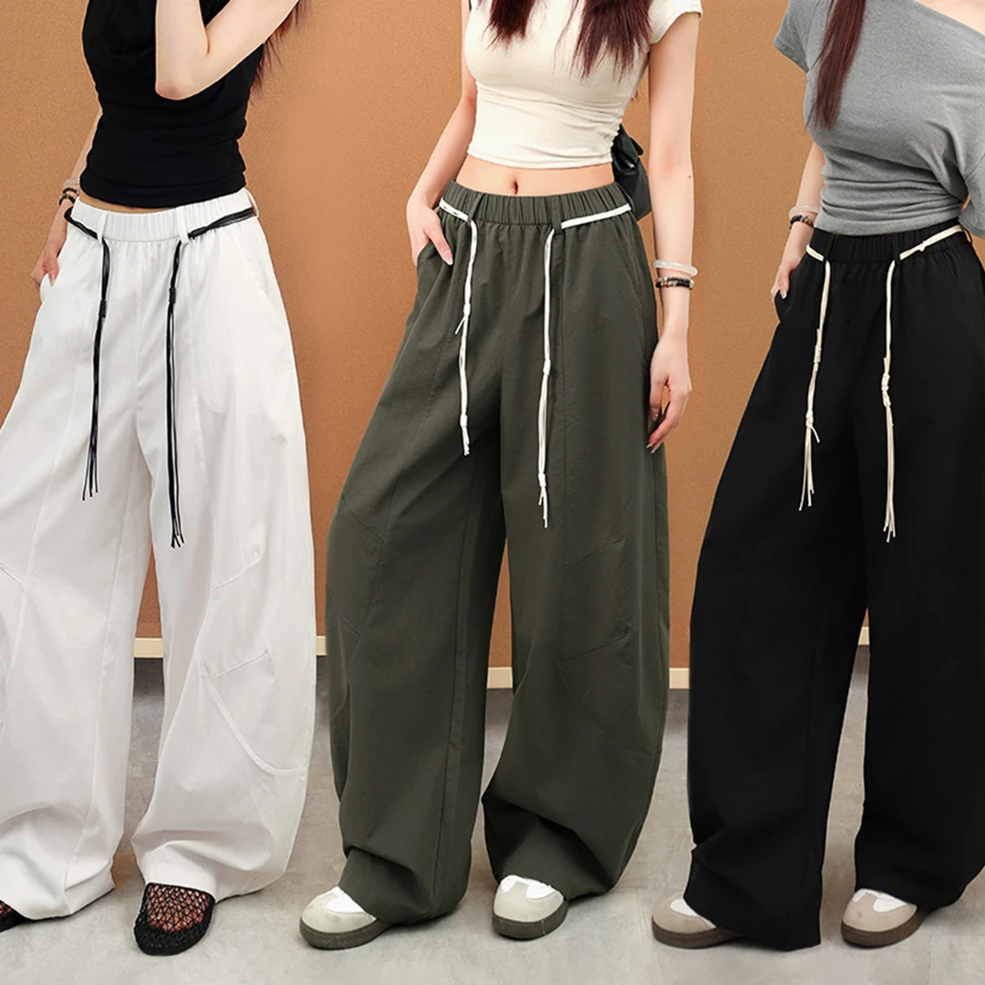 新款美式复古拼接垂感拖地弯刀裤女高腰宽松褶皱休闲阔腿裤工装裤