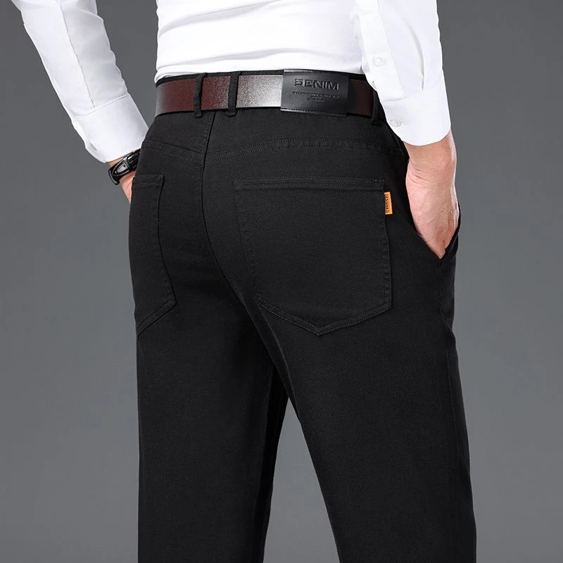 不掉色纯黑秋冬宽松牛仔裤男裤裤子男商务直筒休闲裤高腰弹力裤