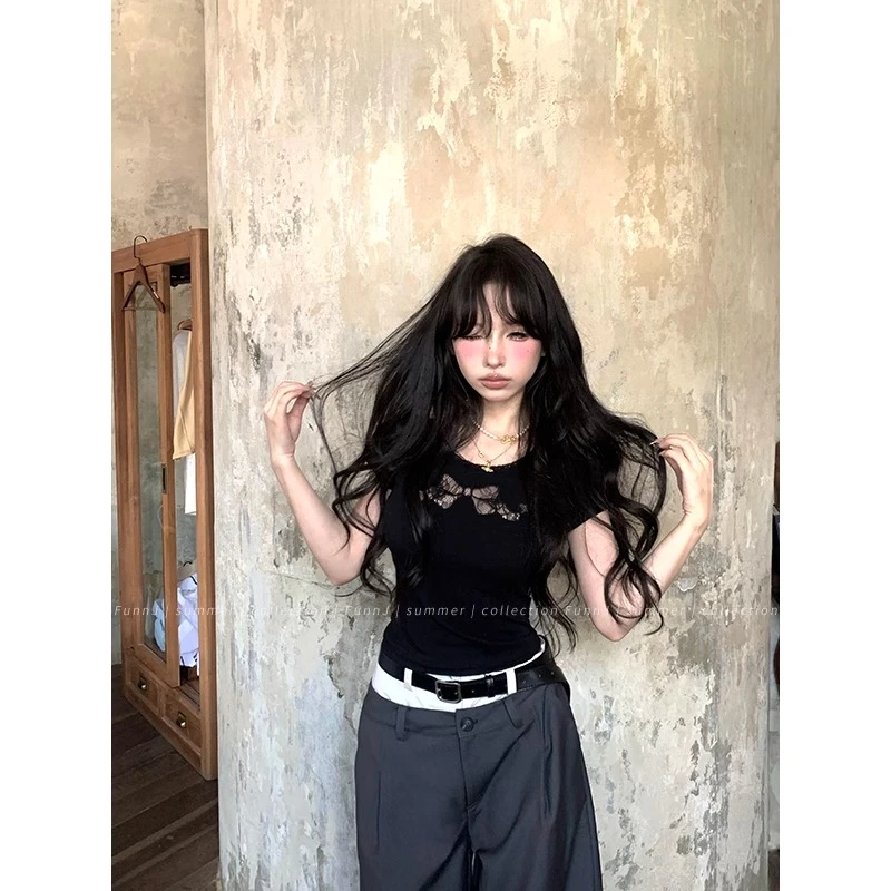 镂空茶系甜心修身蝴蝶结镂空蕾丝刺绣正肩T恤女短袖上衣花边辣妹