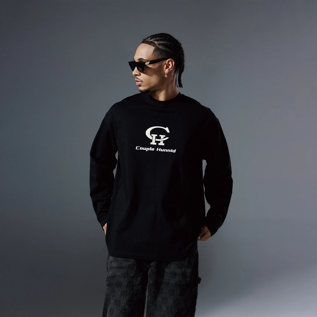 Couple HunnidCH基础印花长袖T恤美式休闲圆领简约纯色纯棉上衣