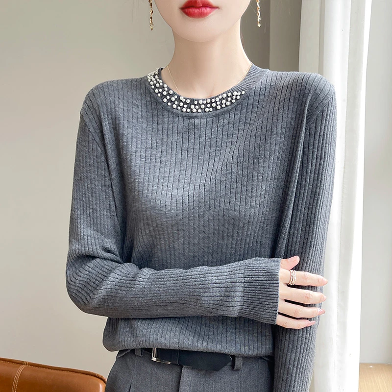哥弟阿玛施正品早秋重工钉珠打底衫女长袖套头2025新款精纺羊毛