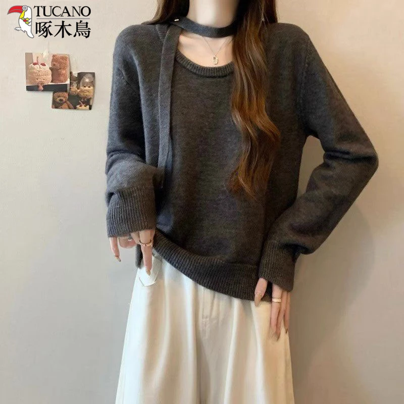 啄木鸟设计感小众针织衫女款秋冬纯欲风红色时尚百搭长袖打底上衣