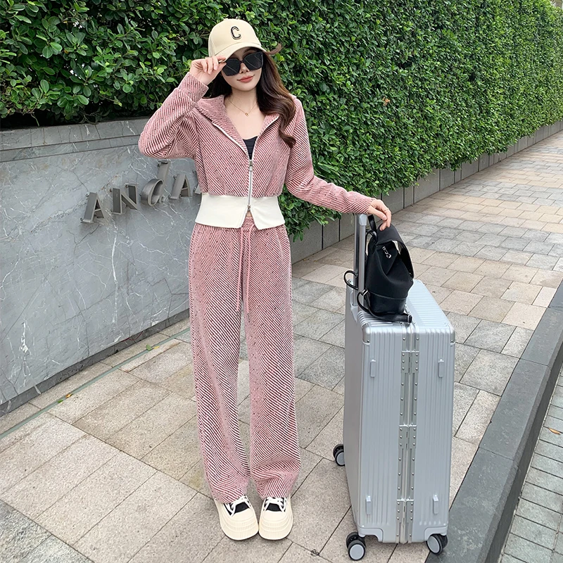 粉色运动休闲套装女春季韩系穿搭减龄小个子连帽卫衣阔腿裤两件套