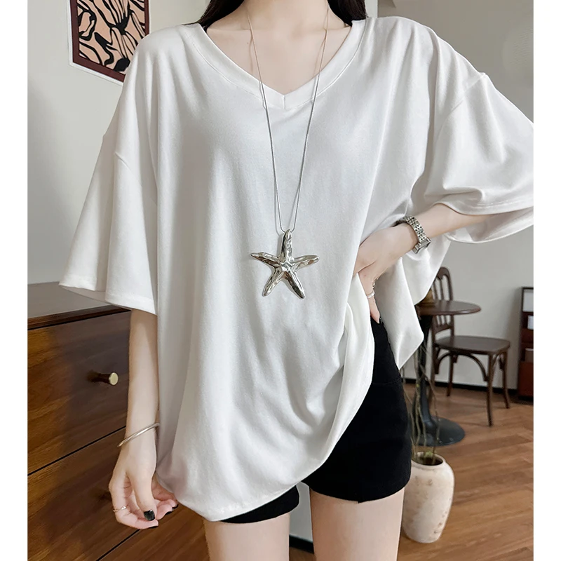 韩系慵懒风V领休闲简约T恤女时尚洋气宽松显瘦百搭中长短袖上衣