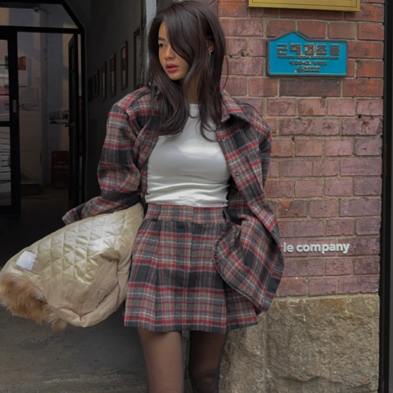 韩式chic气质新款女士复古格子磨毛长袖衬衫+松紧腰褶皱短裙套装