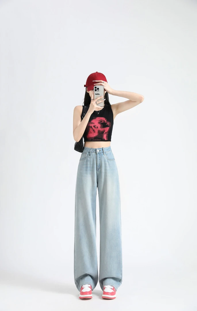 新疆包邮【卷姐】333-高腰浅色阔腿裤牛仔裤女新款宽松显瘦直筒裤