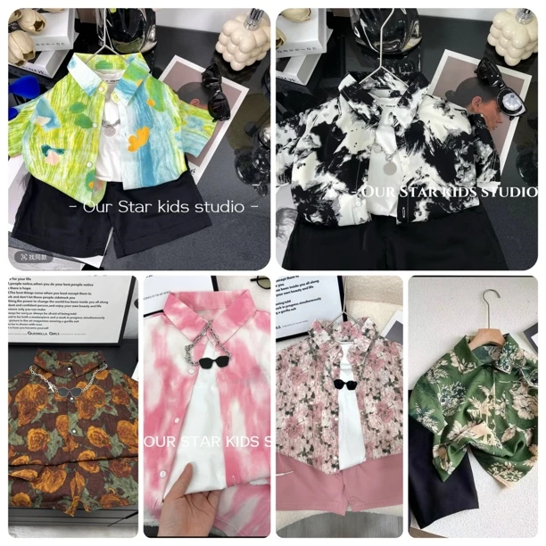 【缤纷一夏】夏季薄款潮衬衫短袖中小童复古痞帅时尚印花衬衫套装