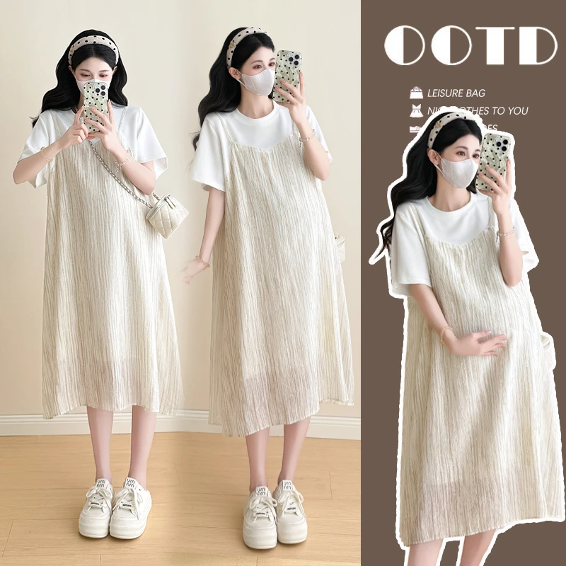 SuSu孕妇连衣裙假两件拼接吊带连衣裙韩版设计宽松大码外穿休闲