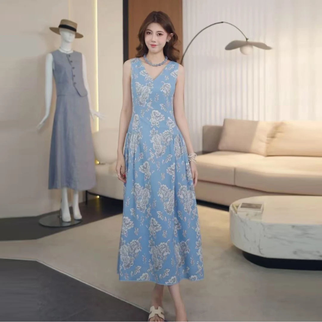【专柜品质】夏季新款气质时尚显瘦V领无袖中长款连衣裙女士150029