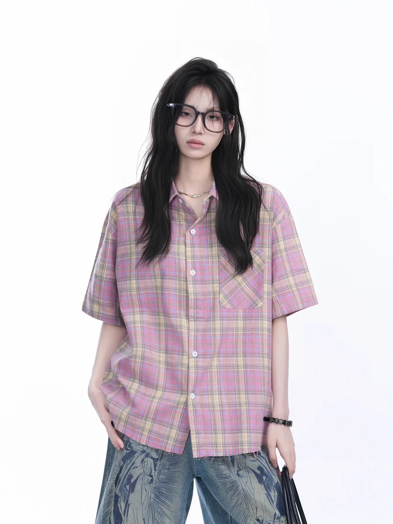 美式格纹撞色衬衫短袖男女夏季复古宽松休闲T恤新款衬衣上衣外套
