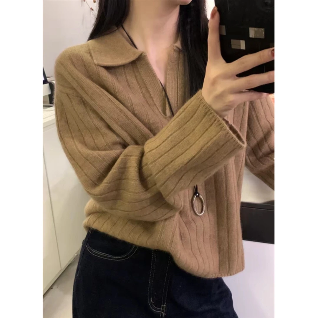 法式POLO领宽松短款长袖针织衫女2025秋冬气质加厚翻领毛衣打底衫