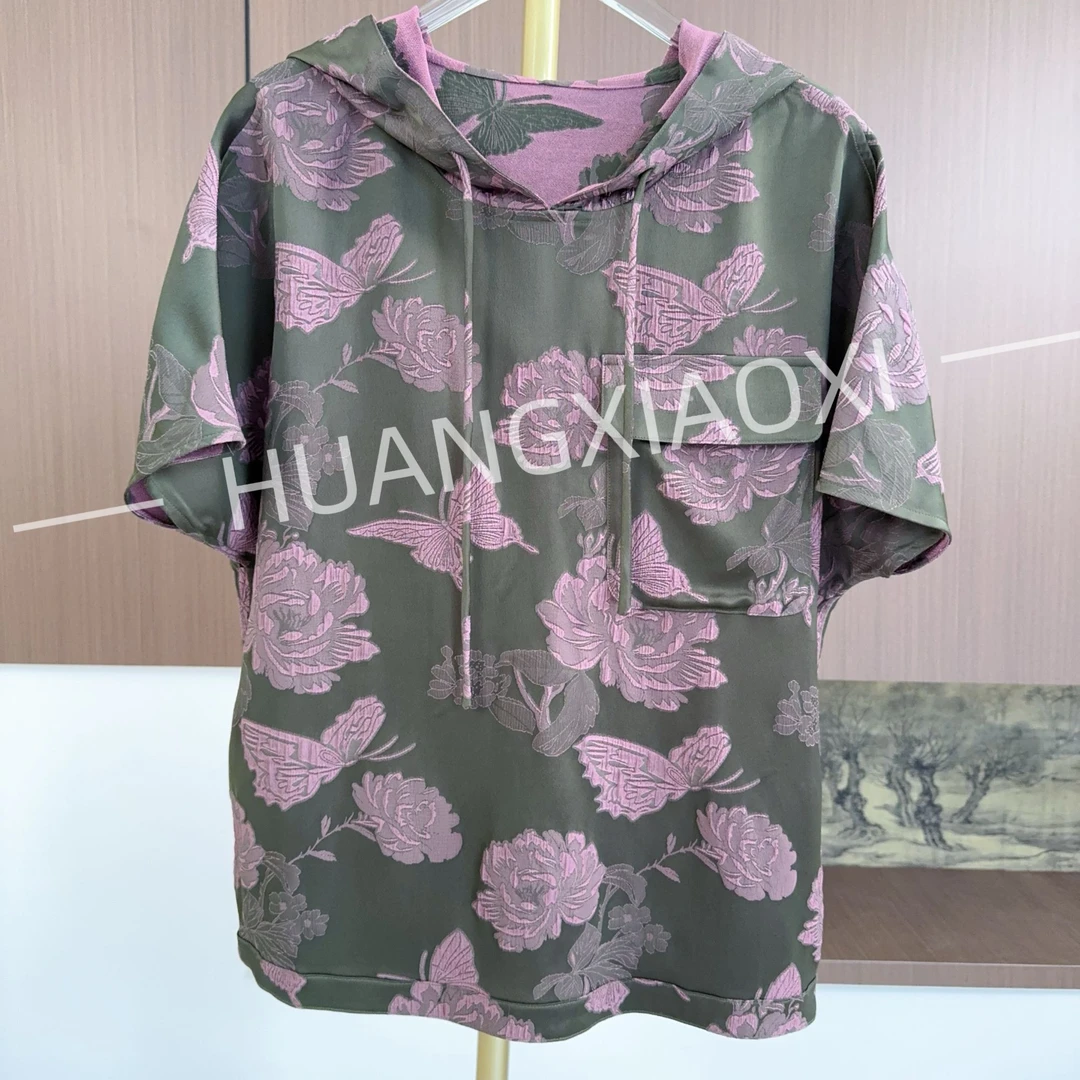 HUANGXIAOXI 粉绿蝶恋花提花单层双面双穿连帽小衫HXX-099