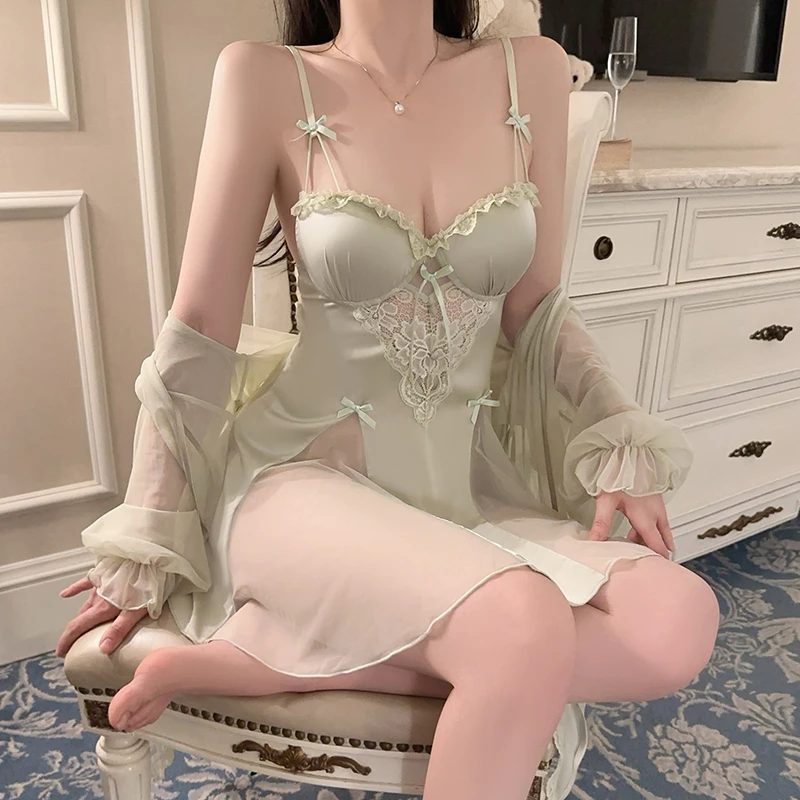 内衣性感聚拢加胸垫大码轻奢网纱缎面睡裙外袍女套装性感睡衣4955
