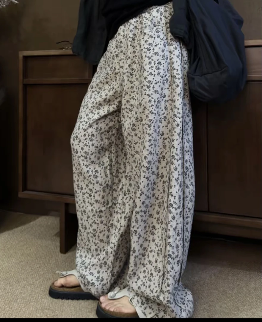 亚麻碎花直筒长裤夏季复古宽松半松紧腰设计百搭时尚阔腿裤印花