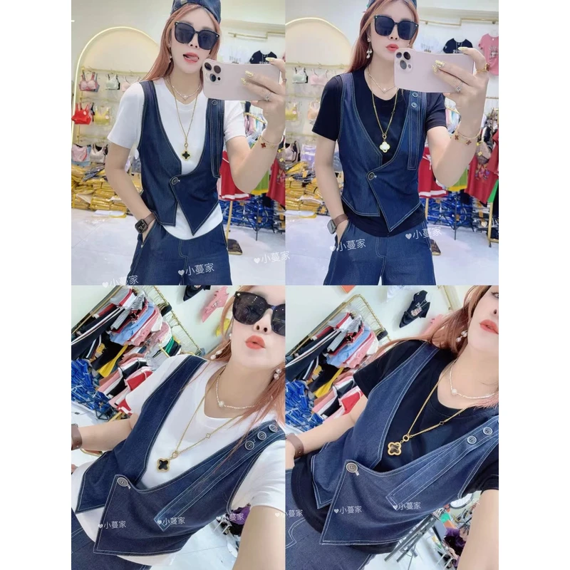 新款假两件马甲（不掉色）显瘦牛仔套装