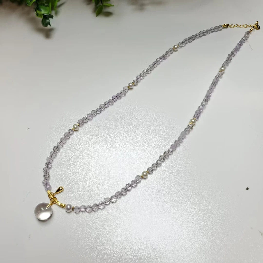 Q419【赵小姐】时尚百搭天然白水晶+紫水晶+珍珠项链多样式发其一