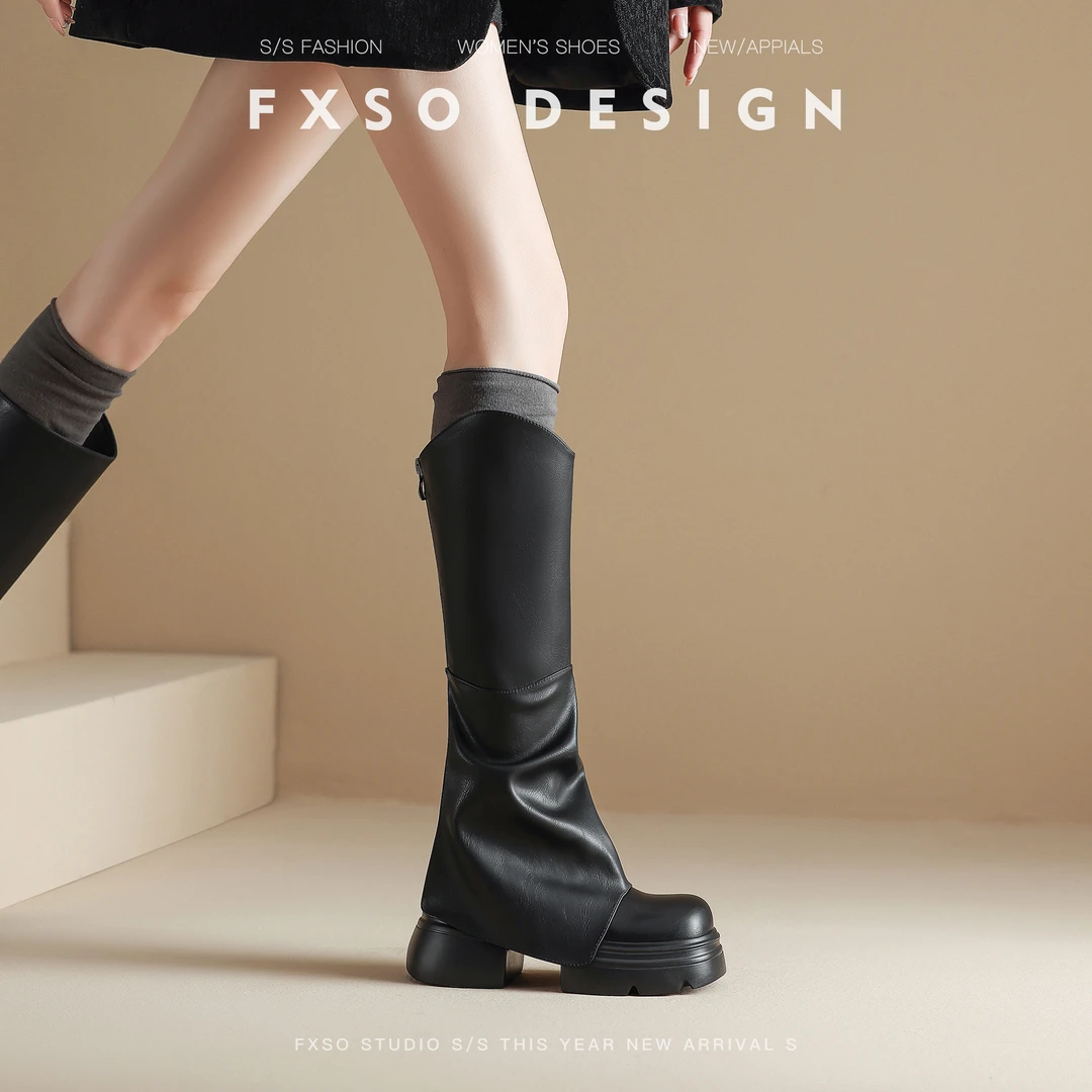 真皮FXSO方巷小众裤腿靴高筒堆堆长靴女款2024年冬季新厚底骑士靴