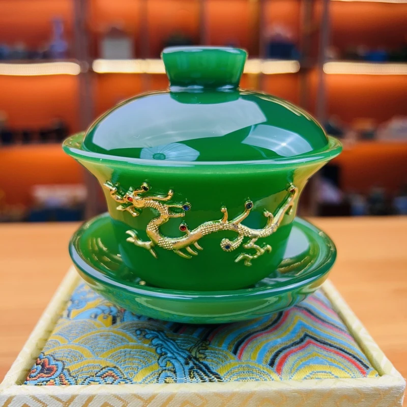 正品金《镶玉/龙凤呈祥》帝王绿琉璃玉瓷三才盖碗/容量150毫升