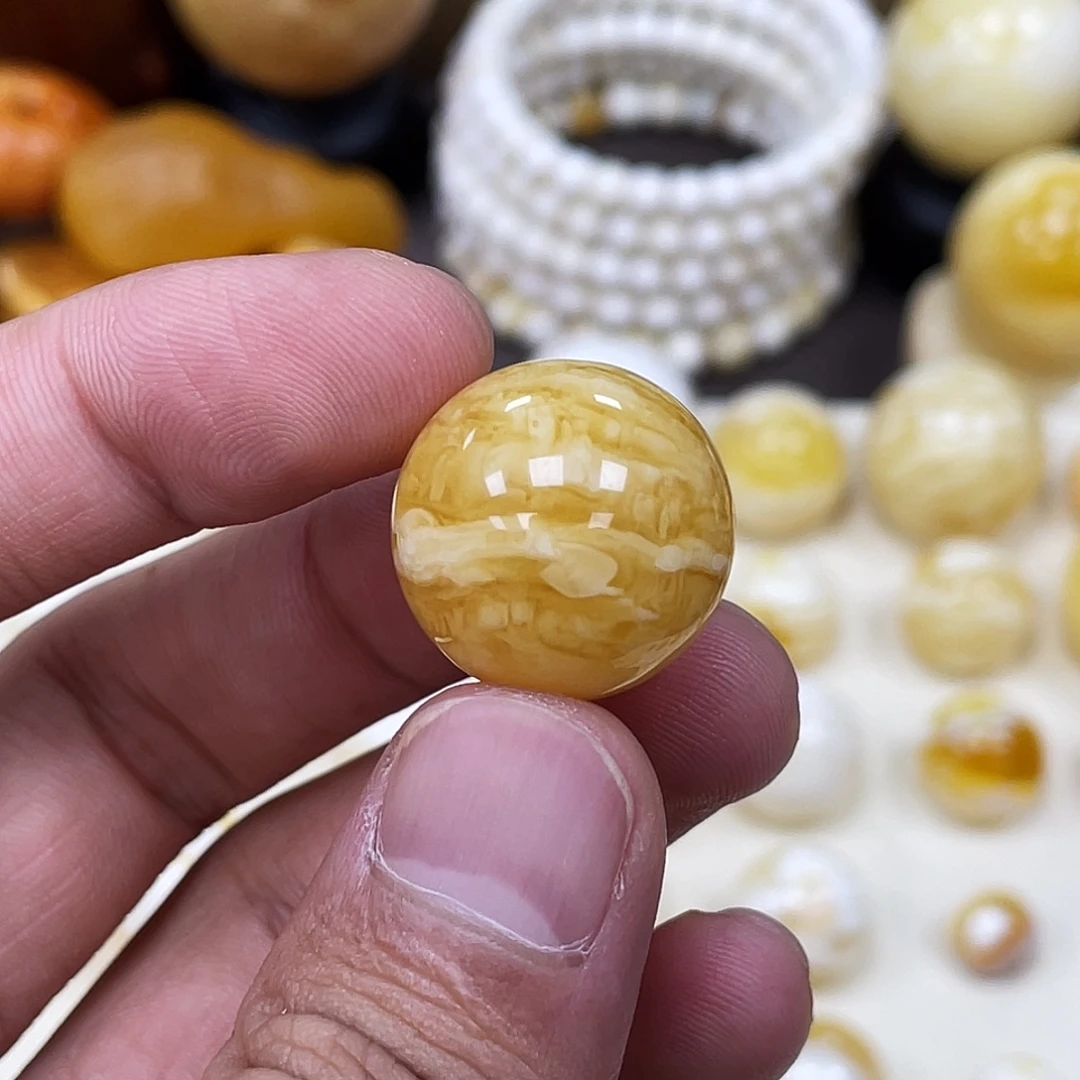 蜜蜡未镶嵌珠宝奇石19.8mm【橘紅虎皮白花】圆珠