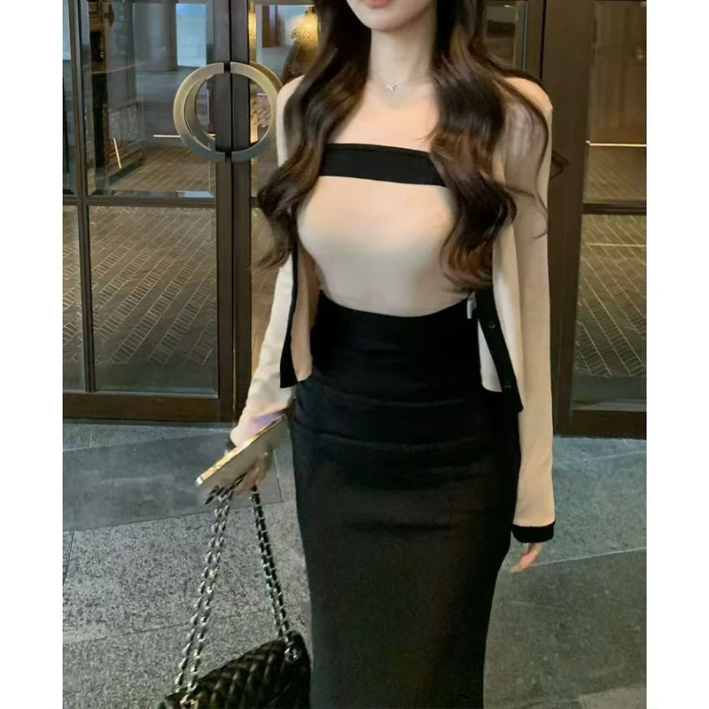 开春穿搭一整套初早春季女装小香风撞色针织开衫吊带背心两件套装