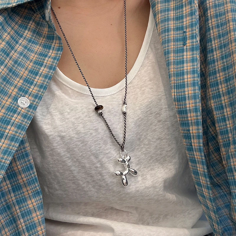 吊坠925银 925纯银气球狗彩绳项链女简约手工设计长短自由调节百