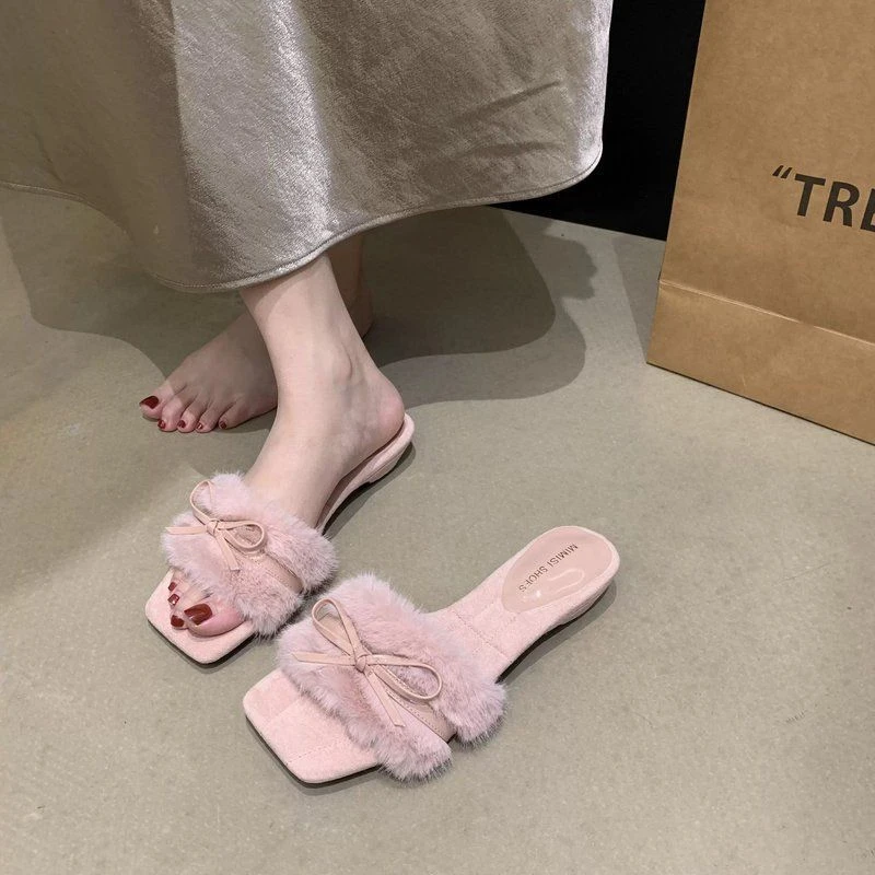 2025秋新款法式简约仙女风方头露趾蝴蝶结低跟凉拖鞋毛毛鞋女外穿
