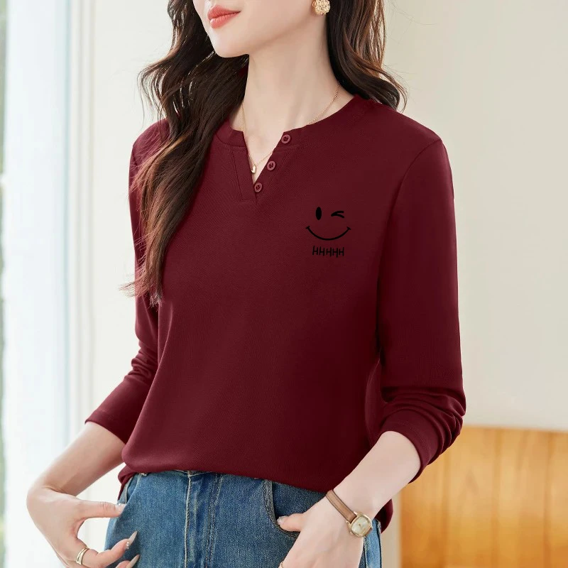 纯棉V领修身长袖上衣气质高级感t恤女春秋薄款女士纯色内搭打底衫