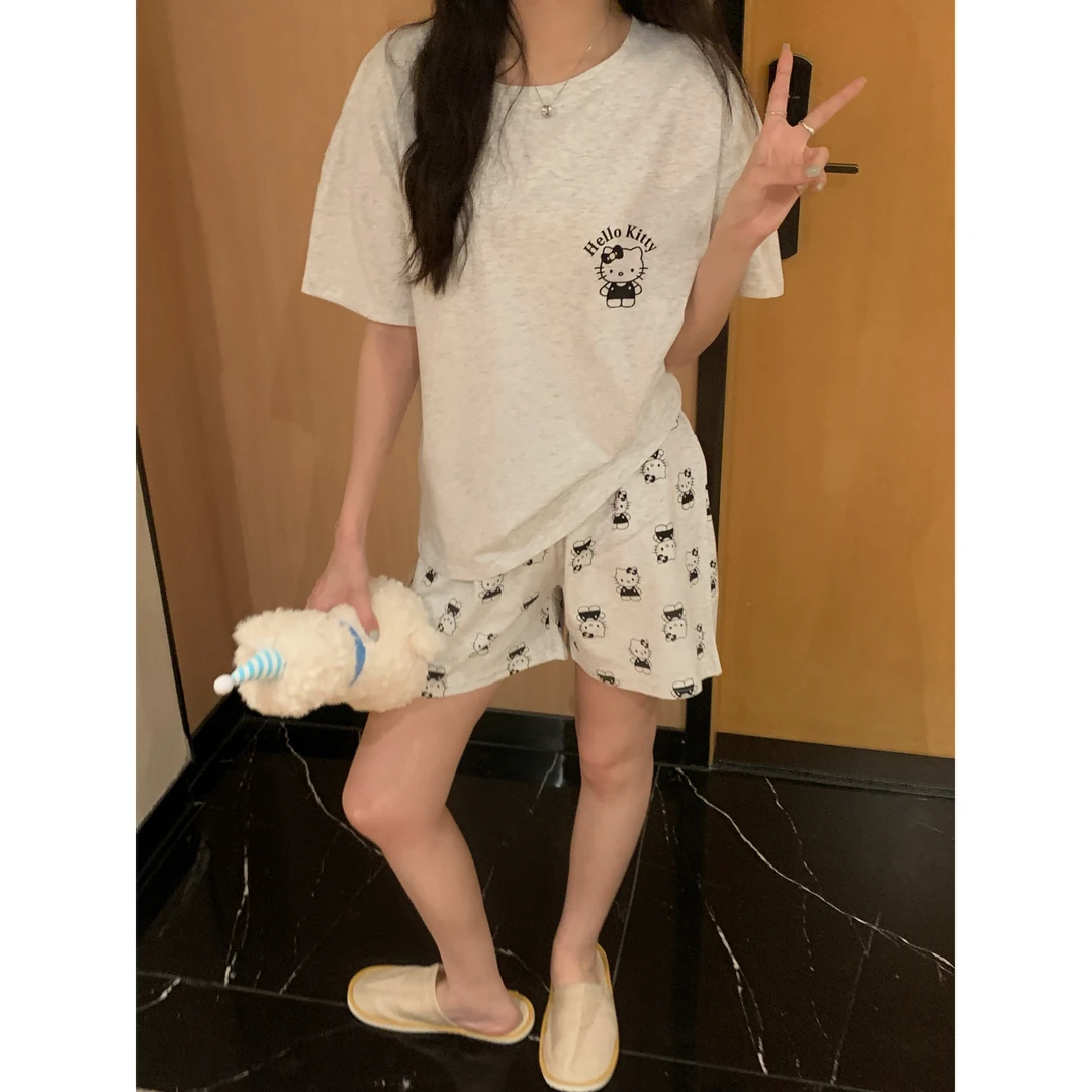 40#(两件套)(无胸垫)KT猫宽松棉感短袖睡衣+松紧腰睡裤