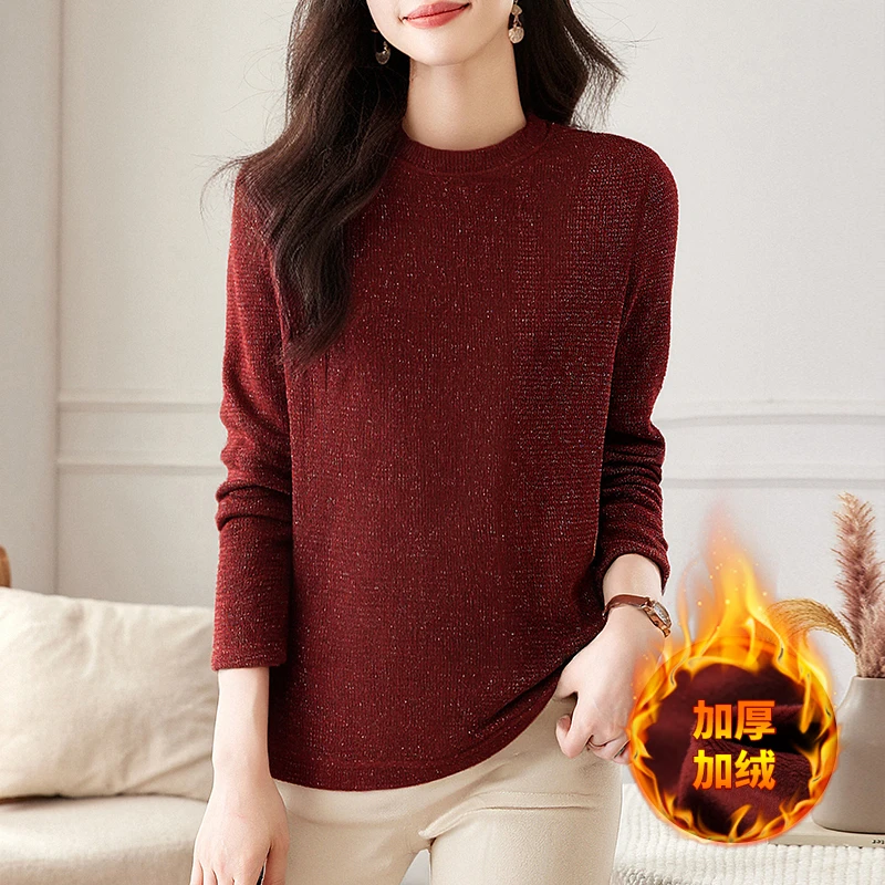 加绒长袖毛衣女秋冬高级感宽松圆领针织衫上衣大码女士洋气打底衫