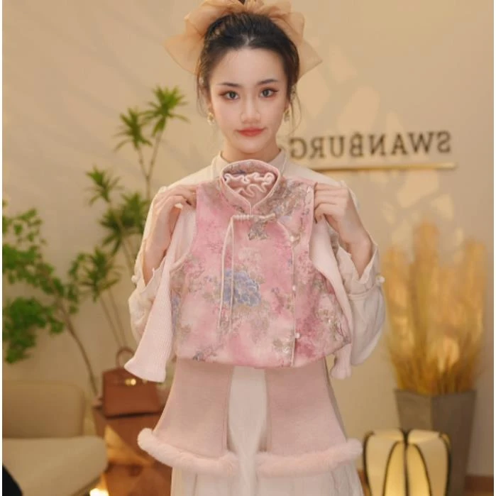 【Y.a5569】2024新款女宝气质新中式古风马甲针织衫喇叭裤加厚套装