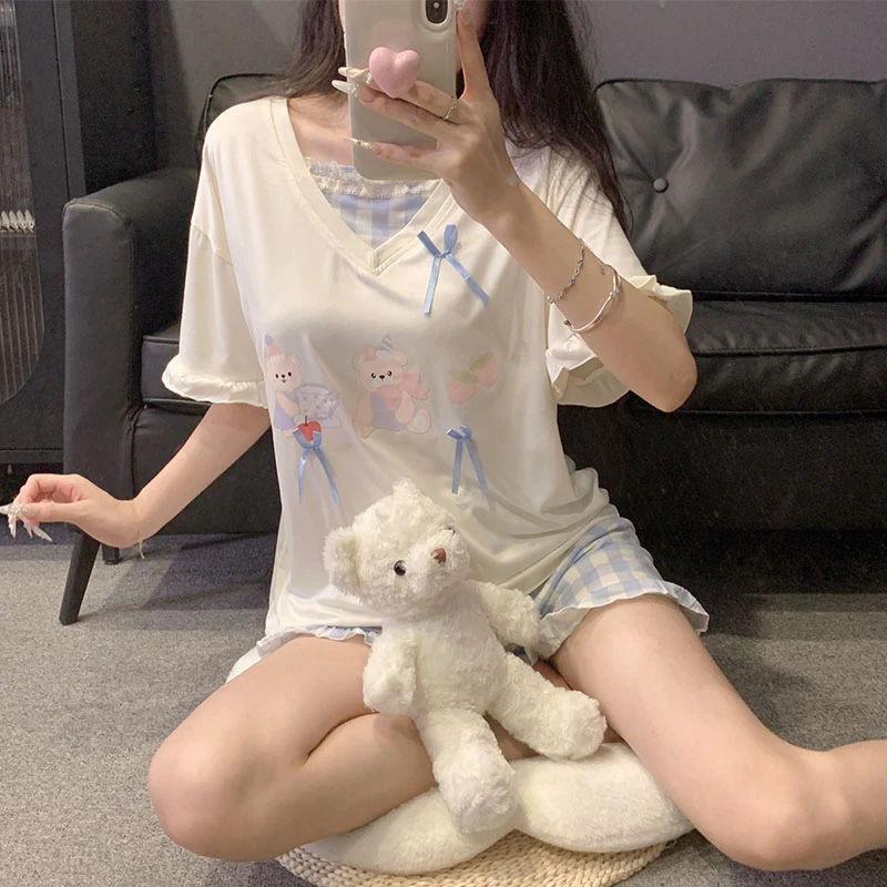 甜美风小熊蝴蝶结短袖睡衣女款夏季新款短袖短裤家居服套装可外穿