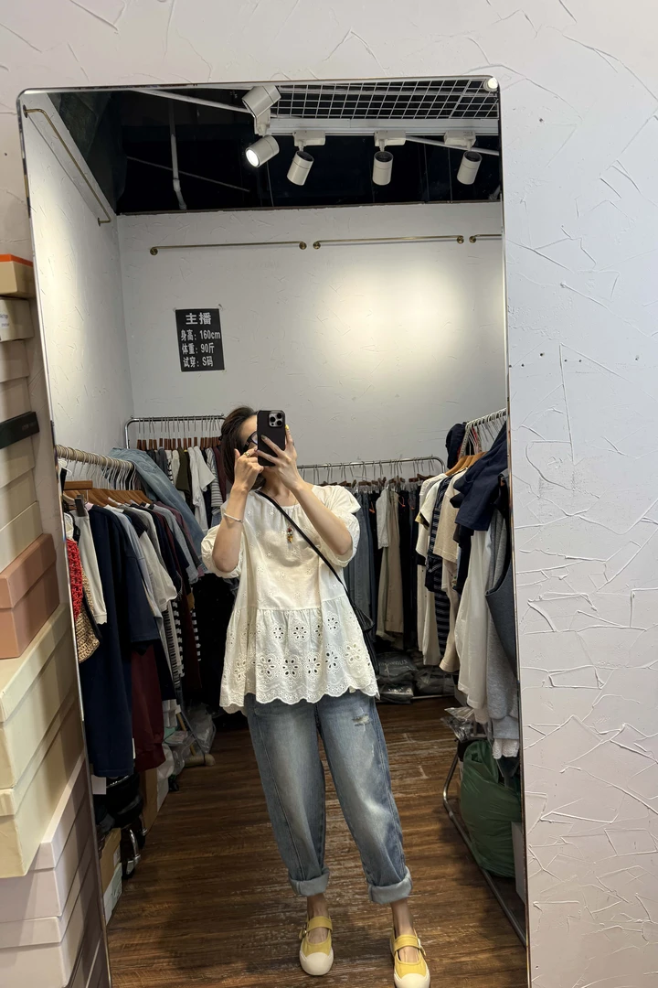 夏季薄款半松紧腰破洞超弹牛仔裤